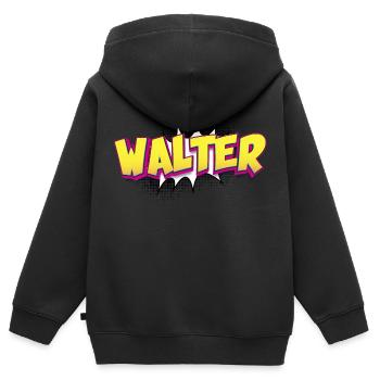 Walter nom personnalisé bande dessinée Style Pop Art, - Sweat Premium à capuche zippé enfant bio - noir - Dos - AI Model Kid Male (0cm)