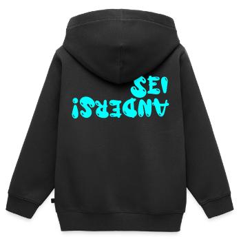 sei anders - Kinder Premium Organic Zip Hoodie - Schwarz - Hinten - AI Model Kid Male (0cm)
