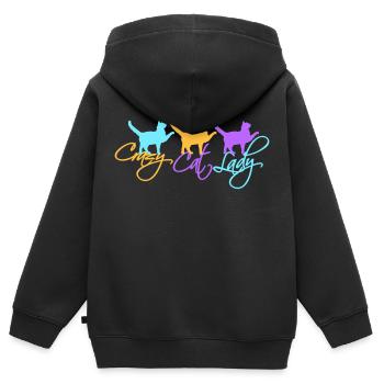 Chat fou Dame Texte Folle Femme Chats Amour - Sweat Premium à capuche zippé enfant bio - noir - Dos - AI Model Kid Male (0cm)
