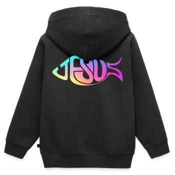 Jesus Fisch Regenbogen - Kinder Premium Organic Zip Hoodie - Schwarz - Hinten - AI Model Kid Male (0cm)
