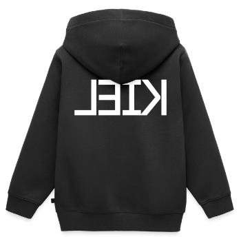 Kiel - seitenverkehrt - Kinder Premium Organic Zip Hoodie - Schwarz - Hinten - AI Model Kid Male (0cm)