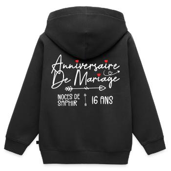 Anniversaire de mariage 16 ans - Noces de Saphir - Sweat Premium à capuche zippé enfant bio - noir - Dos - AI Model Kid Male (0cm)