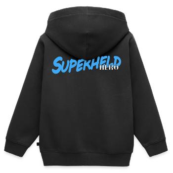Superheld - Kinder Premium Organic Zip Hoodie - Schwarz - Hinten - AI Model Kid Male (0cm)