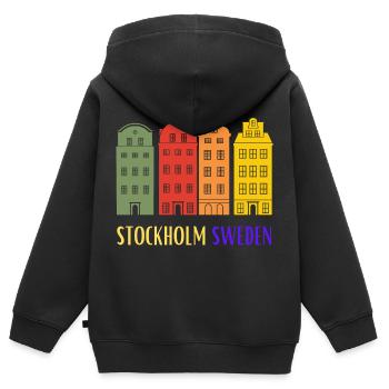 Stockholm Schweden, authentische Häuser aus der Altstadt - Kinder Premium Organic Zip Hoodie - Schwarz - Hinten - AI Model Kid Male (0cm)