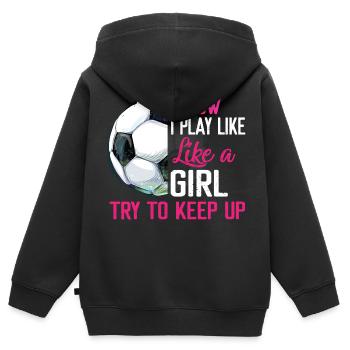 Ich weiß, dass ich wie ein Mädchen spiele, versuche, mit dem Fußball Schritt zu halten - Kinder Premium Organic Zip Hoodie - Schwarz - Hinten - AI Model Kid Male (0cm)