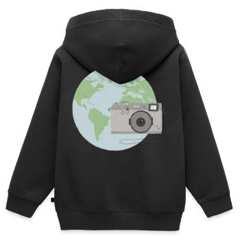 Weltkugel mit Kamera - Kinder Premium Organic Zip Hoodie - Schwarz - Hinten - AI Model Kid Male (0cm)