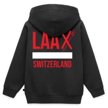 Laax Switzerland Skifahrer Kapuzenpullover - Kinder Premium Organic Zip Hoodie - Schwarz - Hinten - AI Model Kid Male (0cm)