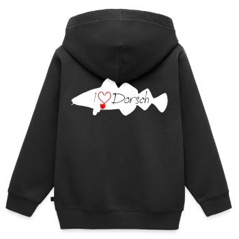 J’aime la morue blanche - Sweat Premium à capuche zippé enfant bio - noir - Dos - AI Model Kid Male (0cm)