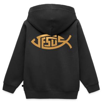 Jesus | Fisch in Gold - Kinder Premium Organic Zip Hoodie - Schwarz - Hinten - AI Model Kid Male (0cm)