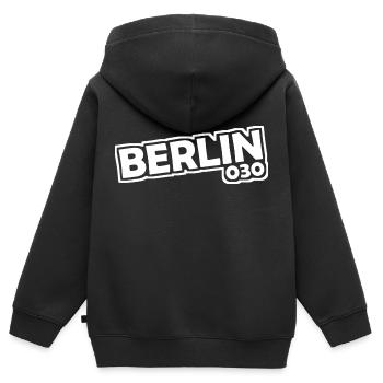 Berlin - 030 - Capitale - Allemagne - Indicatif régional - Sweat Premium à capuche zippé enfant bio - noir - Dos - AI Model Kid Male (0cm)