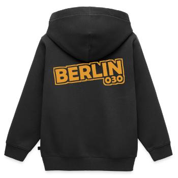Berlin - 030 - Capitale - Allemagne - Indicatif régional - Sweat Premium à capuche zippé enfant bio - noir - Dos - AI Model Kid Male (0cm)