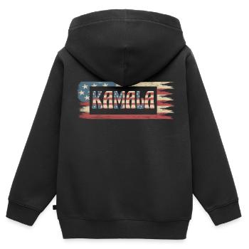 Kamala Harris présidente drapeau américain rétro - Sweat Premium à capuche zippé enfant bio - noir - Dos - AI Model Kid Male (0cm)