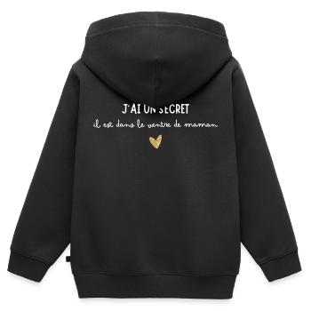 J'ai un secret, il est dans le ventre de maman - Sweat Premium à capuche zippé enfant bio - noir - Dos - AI Model Kid Male (0cm)