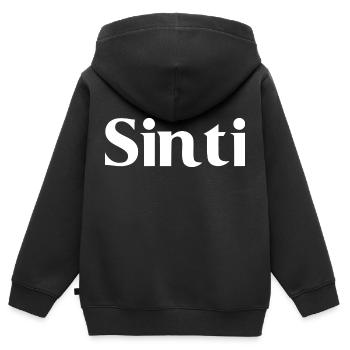 Sinti - Écriture blanche - Sweat Premium à capuche zippé enfant bio - noir - Dos - AI Model Kid Male (0cm)