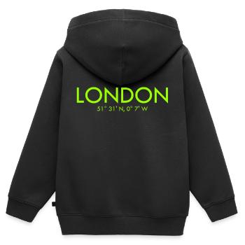 Londres - Coordonnées - Latitude - Longitude - GB - Sweat Premium à capuche zippé enfant bio - noir - Dos - AI Model Kid Male (0cm)