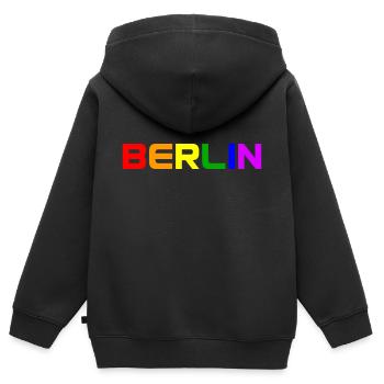 Berlin Arc-en-ciel Couleurs Gay Lesbienne Gay LGBT - Sweat Premium à capuche zippé enfant bio - noir - Dos - AI Model Kid Male (0cm)
