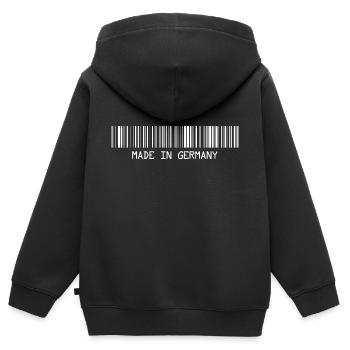 Made in Germany - Deutschland - Barcode - Strichco - Kinder Premium Organic Zip Hoodie - Schwarz - Hinten - AI Model Kid Male (0cm)