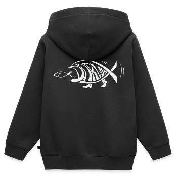 Darwin Fisch essen Jesus Fisch Lustige Evolution - Kinder Premium Organic Zip Hoodie - Schwarz - Hinten - AI Model Kid Male (0cm)