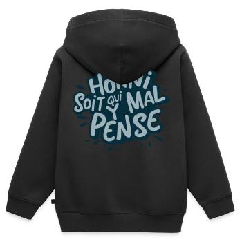 citation Honni soit qui mal y pense - Sweat Premium à capuche zippé enfant bio - noir - Dos - AI Model Kid Male (0cm)