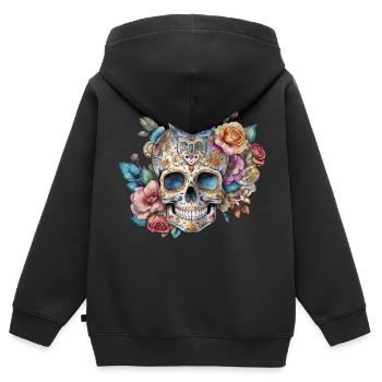 skull, romantisch, blume, vintage, rose, tatoo art - Kinder Premium Organic Zip Hoodie - Schwarz - Hinten - AI Model Kid Male (0cm)