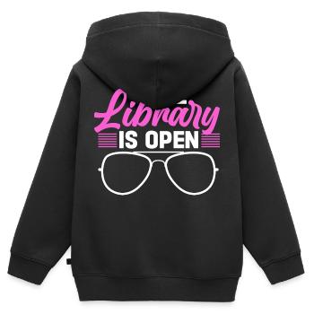 The library is open - Kids Premium Organic Zip-up Hoodie - black - Back - AI Model Kid Male (0cm)