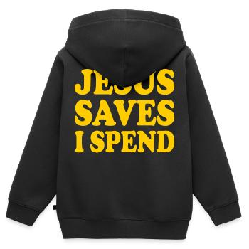 jesus saves i spend - Kinder Premium Organic Zip Hoodie - Schwarz - Hinten - AI Model Kid Male (0cm)
