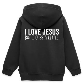 Ich liebe Jesus, aber ich schimpfe ein wenig - Kinder Premium Organic Zip Hoodie - Schwarz - Hinten - AI Model Kid Male (0cm)