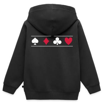 Symboles du jeu de cartes Pique, Carreau, Trèfle, Coeur en blanc - Sweat Premium à capuche zippé enfant bio - noir - Dos - AI Model Kid Male (0cm)