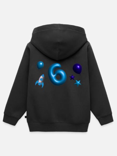 6 Years,Balloon,Rocket,3D, 3D Font - Kids Premium Organic Zip-up Hoodie - black