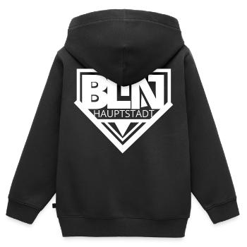 Berlin BLN Hauptstadt White - Kinder Premium Organic Zip Hoodie - Schwarz - Hinten - AI Model Kid Male (0cm)