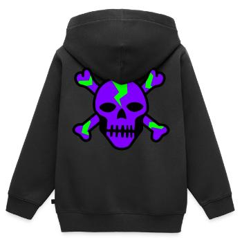 Leuchtender violetter Totenkopf mit grünen Bolzen - Kinder Premium Organic Zip Hoodie - Schwarz - Hinten - AI Model Kid Male (0cm)