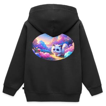Eine süße Anime Katze in einem bunten Wolkengarten - Kinder Premium Organic Zip Hoodie - Schwarz - Hinten - AI Model Kid Male (0cm)