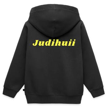 judihui Freudeschrei auf Schweizerdeutsch - Kinder Premium Organic Zip Hoodie - Schwarz - Hinten - AI Model Kid Male (0cm)