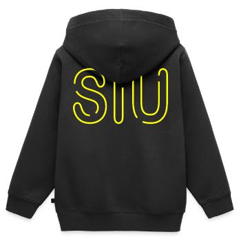 Mot jeunesse - Siu - police néon mince en jaune - Sweat Premium à capuche zippé enfant bio - noir - Dos - AI Model Kid Male (0cm)
