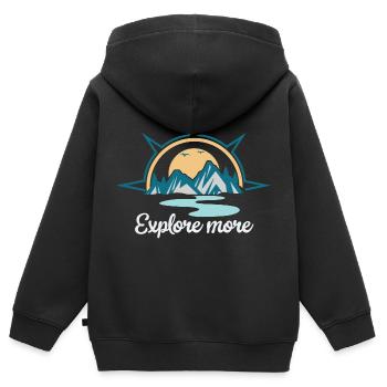 Entdecke mehr. explore more. wandern, erkunden, - Kinder Premium Organic Zip Hoodie - Schwarz - Hinten - AI Model Kid Male (0cm)