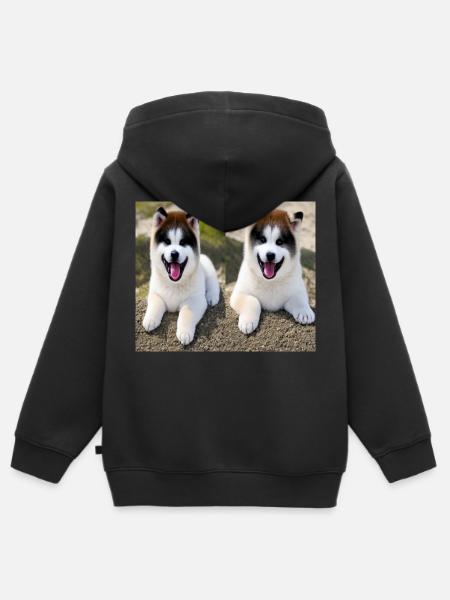 Cute Akita Pups Smiling Design - Kids Premium Organic Zip-up Hoodie - black