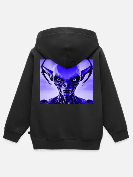 Alien with Green Eyes Design - Blue - Kids Premium Organic Zip-up Hoodie - black