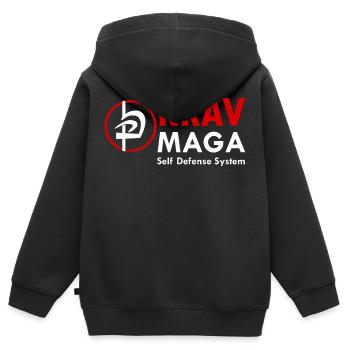 Krav Maga Autodéfense Sport de combat Arts martiaux - Sweat Premium à capuche zippé enfant bio - noir - Dos - AI Model Kid Male (0cm)