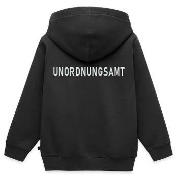 UNORDNUNGSAMT - Kinder Premium Organic Zip Hoodie - Schwarz - Hinten - AI Model Kid Male (0cm)