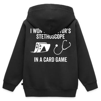 Ich habe das Stethoskop meines Arztes in einem Kartenspiel gewonnen - Kinder Premium Organic Zip Hoodie - Schwarz - Hinten - AI Model Kid Male (0cm)