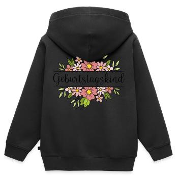 Schriftzug "Geburtstagskind" mit zartrosa Blumen - Kinder Premium Organic Zip Hoodie - Schwarz - Hinten - AI Model Kid Male (0cm)