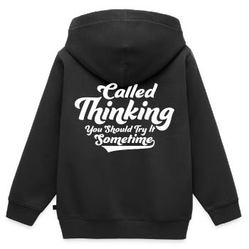 Man denkt sich, dass man es mal ausprobieren sollte - Kinder Premium Organic Zip Hoodie - Schwarz - Hinten - AI Model Kid Male (0cm)