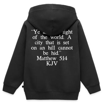 Matthäus 5:14 KJV (Weiße Schrift) - Kinder Premium Organic Zip Hoodie - Schwarz - Hinten - AI Model Kid Male (0cm)