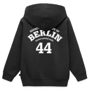 Neukölln Berlin 44 weisser Druck - Kinder Premium Organic Zip Hoodie - Schwarz - Hinten - AI Model Kid Male (0cm)