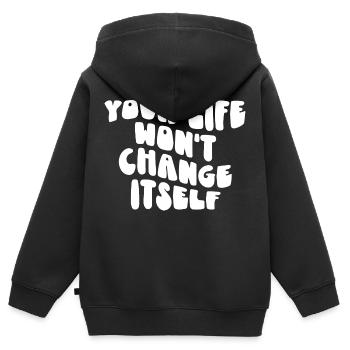 Dein Leben wird sich nicht von selbst ändern - Kinder Premium Organic Zip Hoodie - Schwarz - Hinten - AI Model Kid Male (0cm)