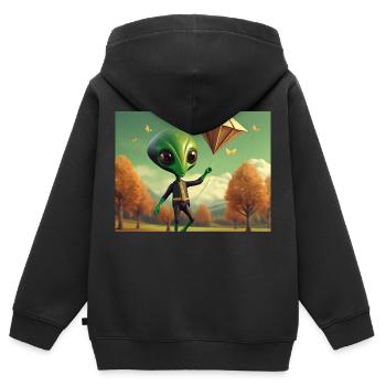 niedlich klein grün retro vintage alien fliegen einen drachen fliegen - Kinder Premium Organic Zip Hoodie - Schwarz - Hinten - AI Model Kid Male (0cm)
