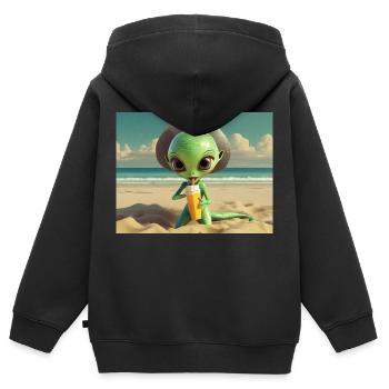 niedliche kleine grüne retro vintage alien sonnenbaden - Kinder Premium Organic Zip Hoodie - Schwarz - Hinten - AI Model Kid Male (0cm)