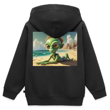 niedliche kleine grüne retro vintage alien sonnenbaden - Kinder Premium Organic Zip Hoodie - Schwarz - Hinten - AI Model Kid Male (0cm)