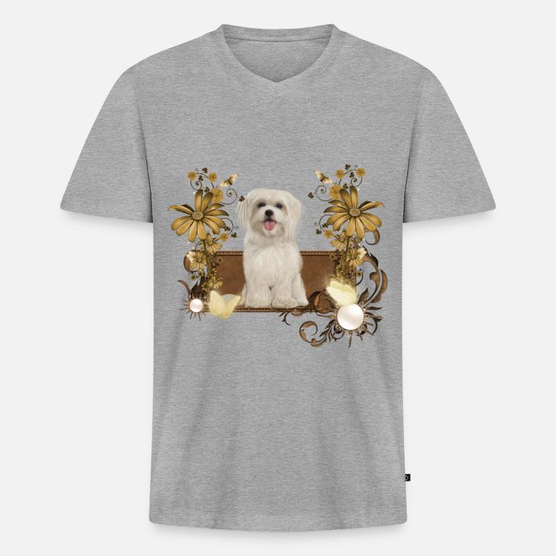 Netter maltesischer Welpe mit Blumen - Männer Premium Bio T-Shirt mit V-Ausschnitt - Grau meliert