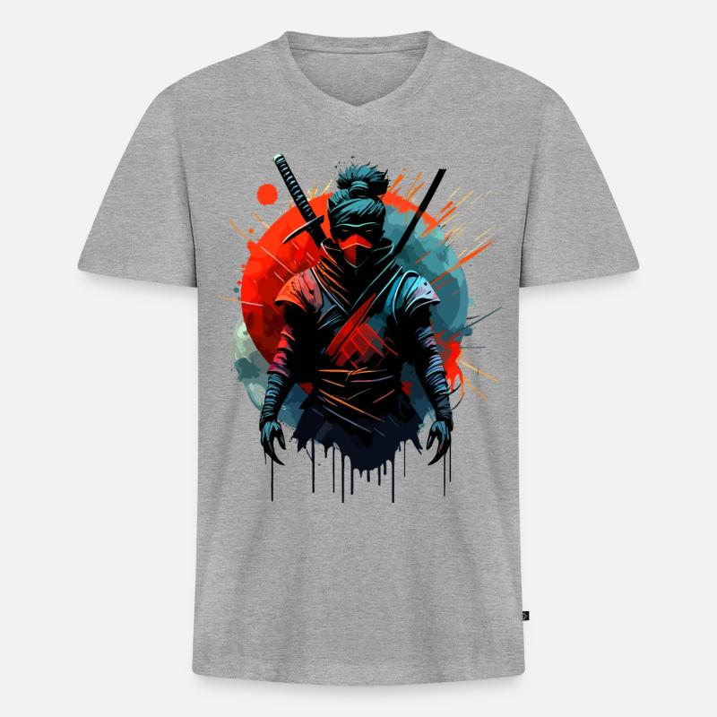 Kriegerischer Ninja Samurai Japan - Männer Premium Bio T-Shirt mit V-Ausschnitt - Grau meliert